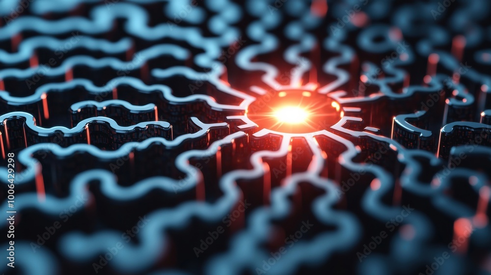 Poster a maze of interconnected gears with one central gear glowing brighter, representing the concept of b