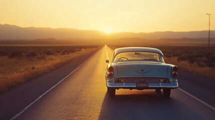 Fototapeta premium ## Classic Car Cruise at Dusk on a Deserted Road