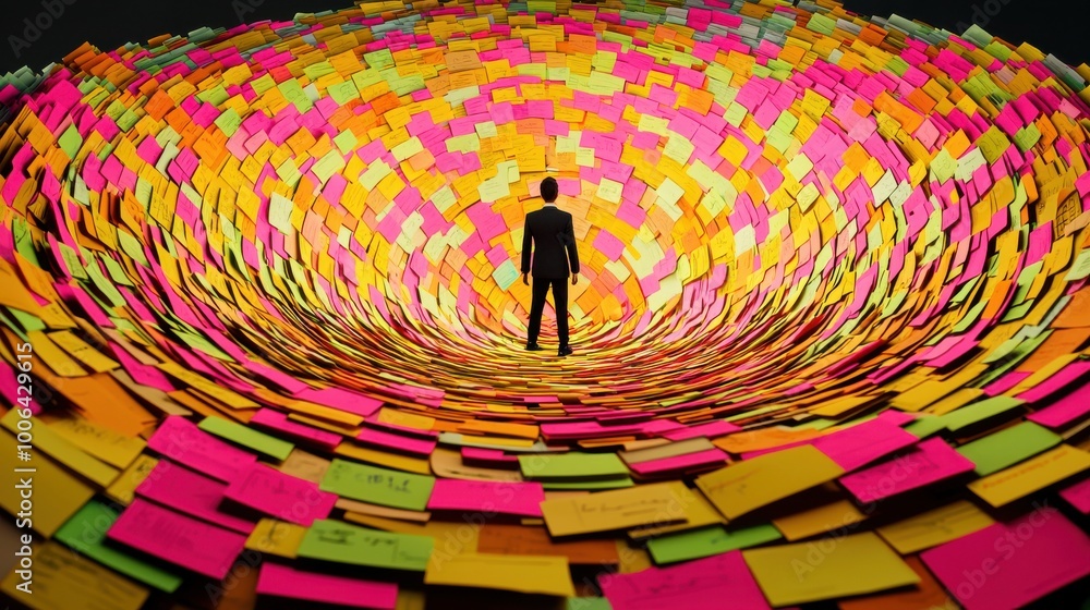 Poster a maze of post-it notes and task lists with no visible exit, representing the feeling of being trapp