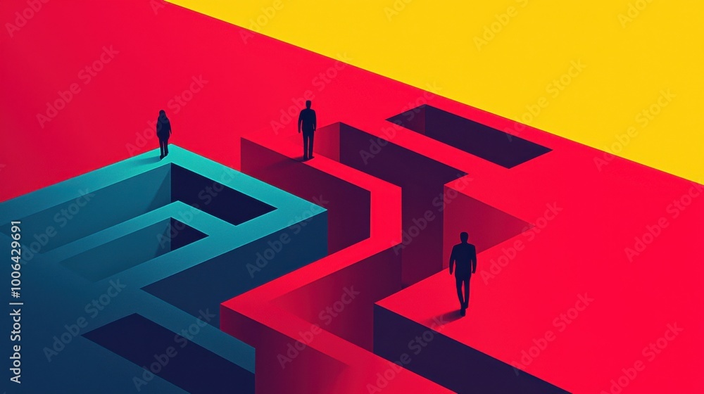 Poster a maze with abstract figures navigating through, representing the challenges and growth that shape a