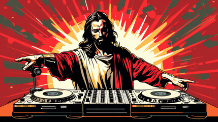 God is a DJ. A Jesus standing behind a mixing console and operating it with both hands. DJ playing music on a turntable.