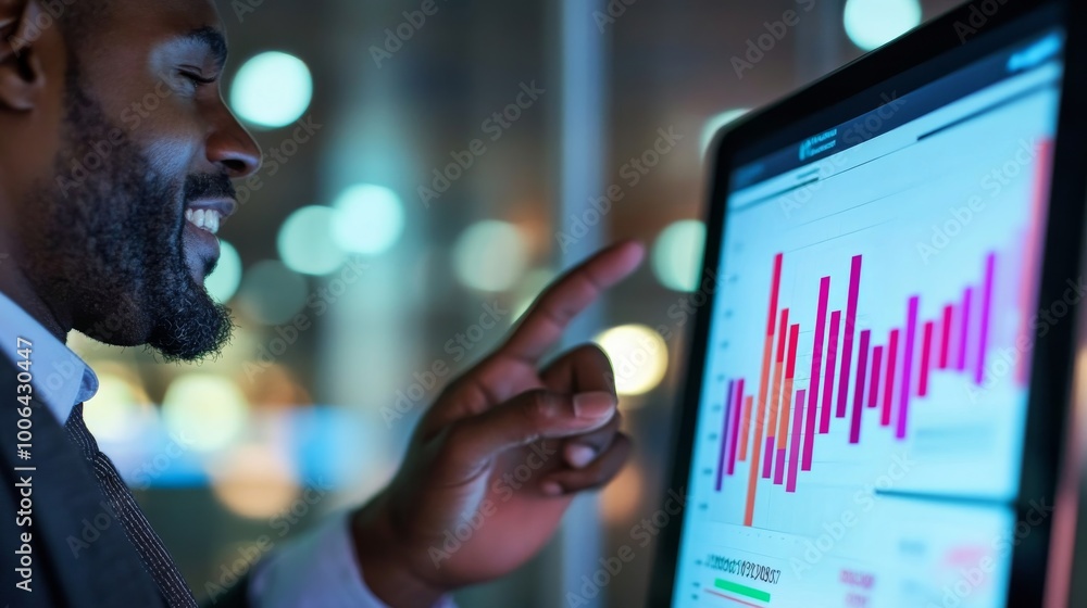 Aufkleber a business professional smiles while pointing enthusiastically at a vibrant bar chart displayed on a