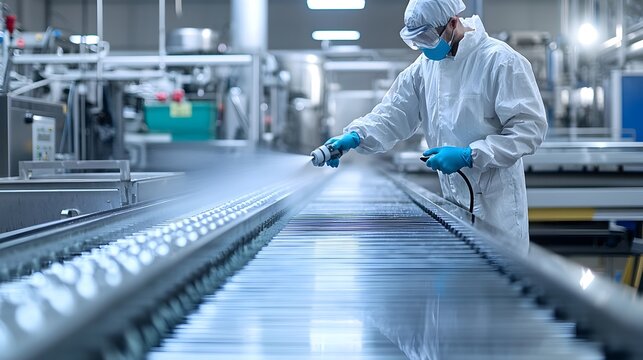 Technician Spraying Cleaning Solution on Conveyor Belts for Smooth Factory
