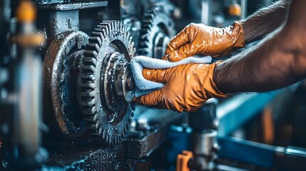 Precision Hands Wiping Down Greasy Machine Parts for Meticulous Maintenance