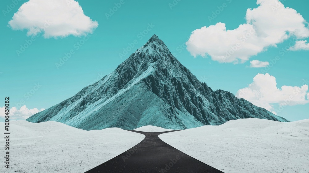Poster a mountain with a path that splits into different directions, each direction representing different 