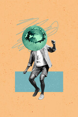 Vertical photo collage of young man instead head shiny disco ball weekend occasion party club...