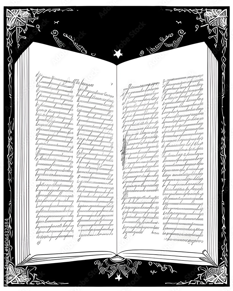 Poster illustration of an open book with a pattern on a black background