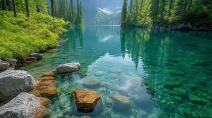 Obraz premium Serene lake surrounded by lush greenery and mountains, reflecting tranquility and nature's beauty.