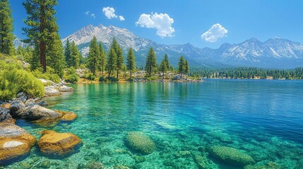 Serene lake surrounded by mountains and lush greenery under a clear blue sky.