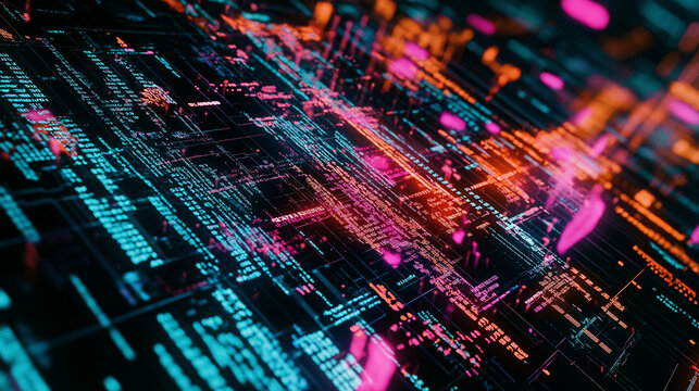 A digital screen displaying a series of lines of code, possibly from a programming language like Java or C++. The code is presented in a dark background with vibrant hues of blue, pink, and orange