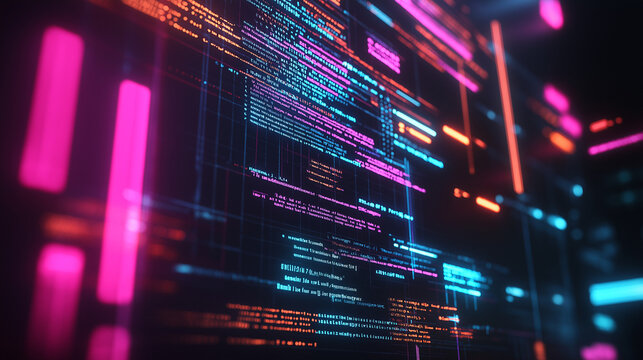 A digital screen displaying a series of lines of code, possibly from a programming language like Java or C++. The code is presented in a dark background with vibrant hues of blue, pink, and orange