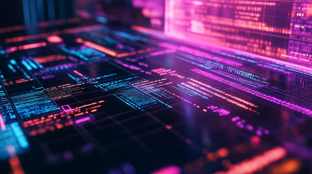A digital screen displaying a series of lines of code, possibly from a programming language like Java or C++. The code is presented in a dark background with vibrant hues of blue, pink, and orange