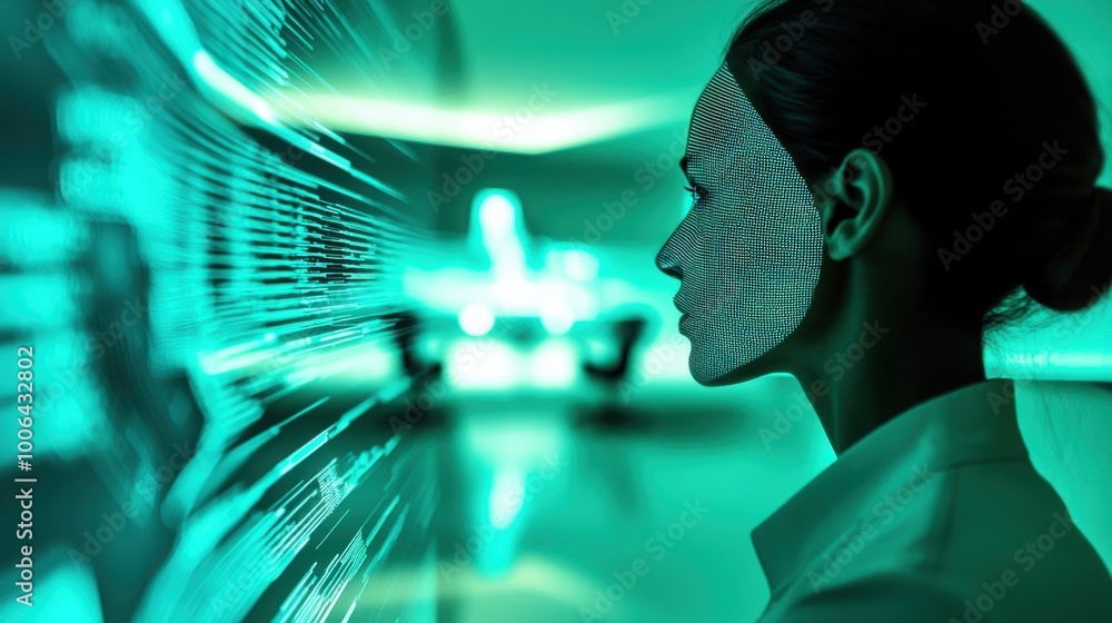 Poster a person looking at a large digital screen with a transparent office environment overlay, where phys