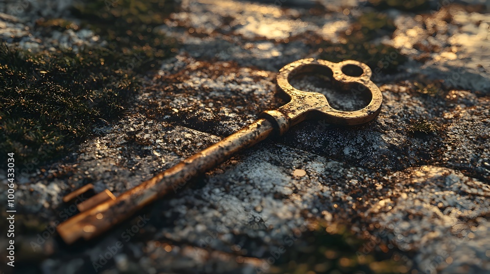 Aufkleber closeup of a random key lying on stone path with intricate textures