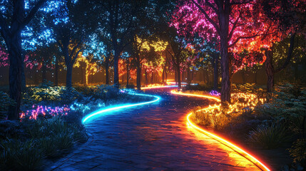 Fototapeta premium A vibrant, glowing pathway winds through magical park filled with colorful trees and illuminated foliage. enchanting scene evokes sense of wonder and tranquility