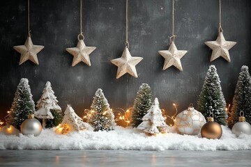 Christmas decoration set with gray stylish background and copy-space, hanging stars and bright ornaments and lights on snow