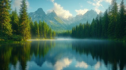 Serene mountain landscape with a calm lake and lush pine trees reflecting in the water.