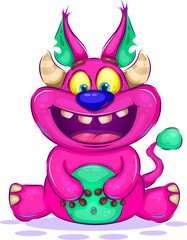 Cheerful horned monster. A bright illustration of a sitting cheerful monster, made in a cartoon style. Children's bright illustration. 