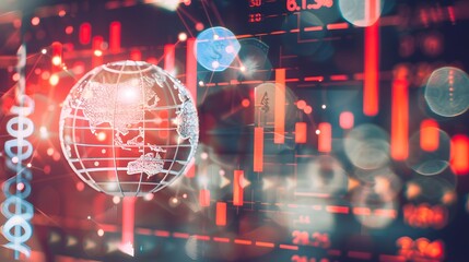 A wireframe globe in the center with a blurred background of red and blue lines, graphs, charts, and data.