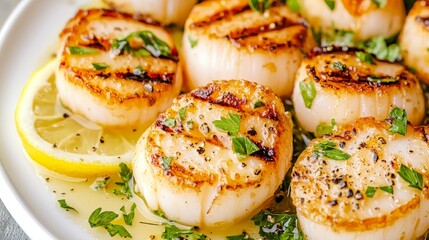 Grilled scallops on a plate with herbs and lemon, delicious seafood dish.
