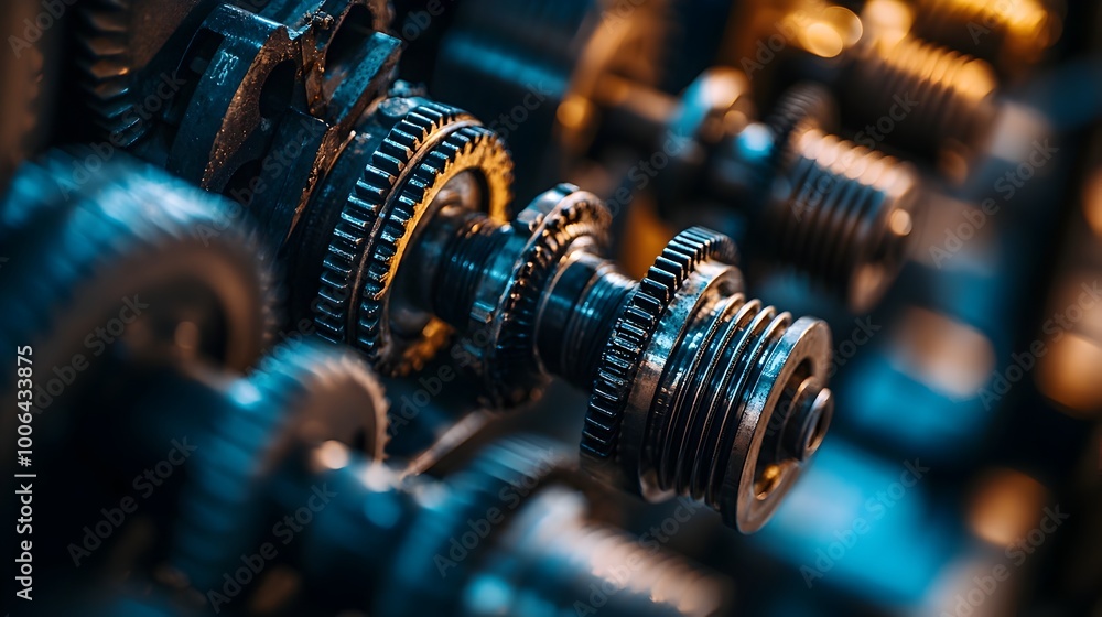 Poster close-up view of interlocking gears and cogs symbolizing precision engineering and mechanical