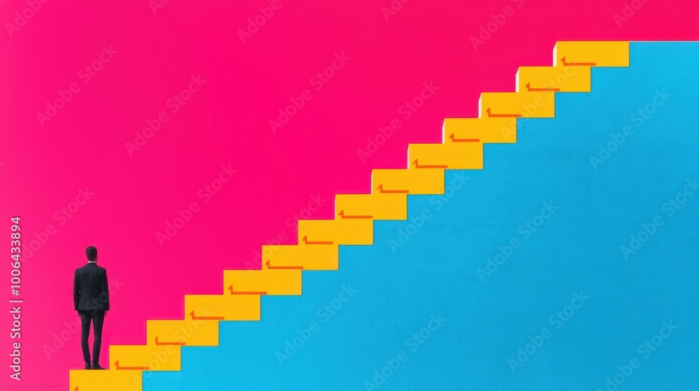 Aufkleber a person standing at the bottom of a steep staircase made of unfinished tasks, each step labeled wit
