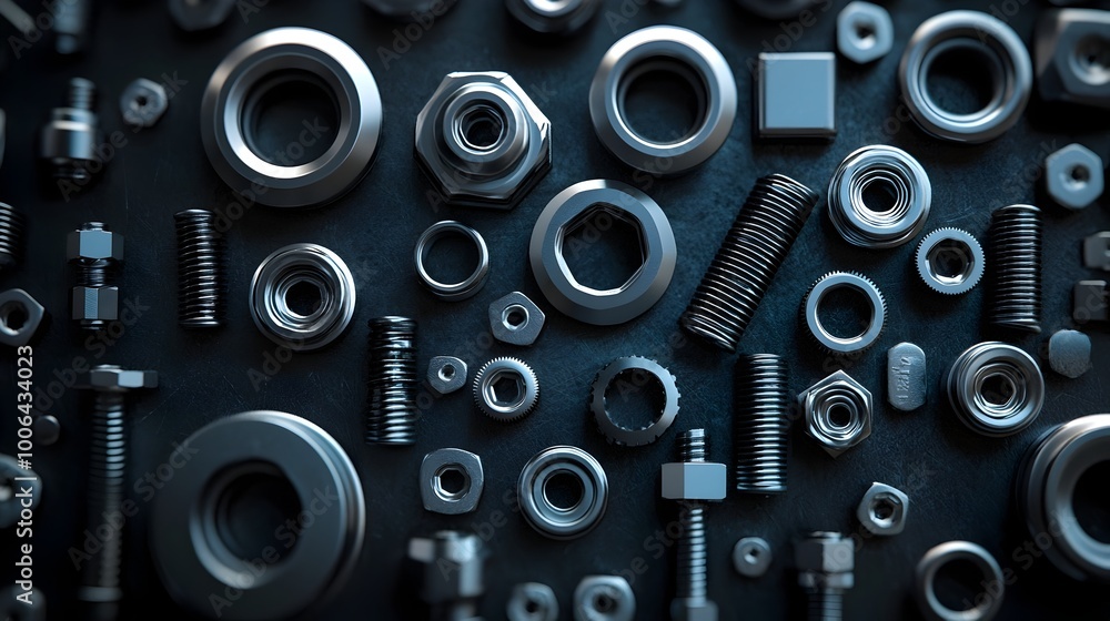 Poster abstract metallic hardware arrangement representing essential machine components