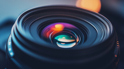 A close-up view of a camera lens. The lens is black with a prominent circular shape and a series of concentric rings. A colorful light reflection, possibly from a nearby light source