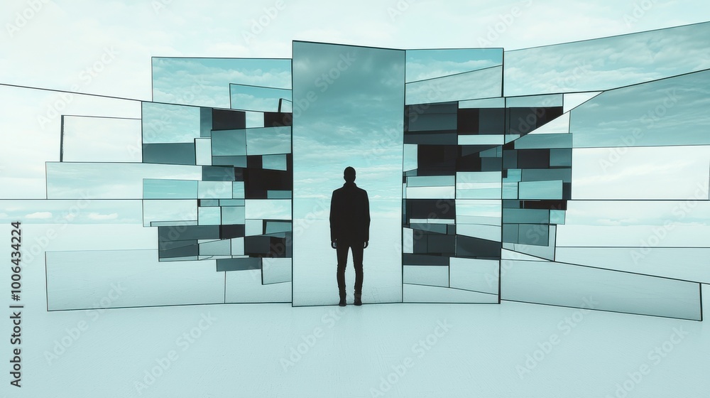 Aufkleber a person standing in front of a large mirror made of glass, with fragmented reflections showing diff