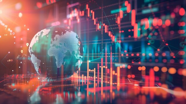 A stylized globe surrounded by colorful charts and graphs on a black background. - Powered by Adobe