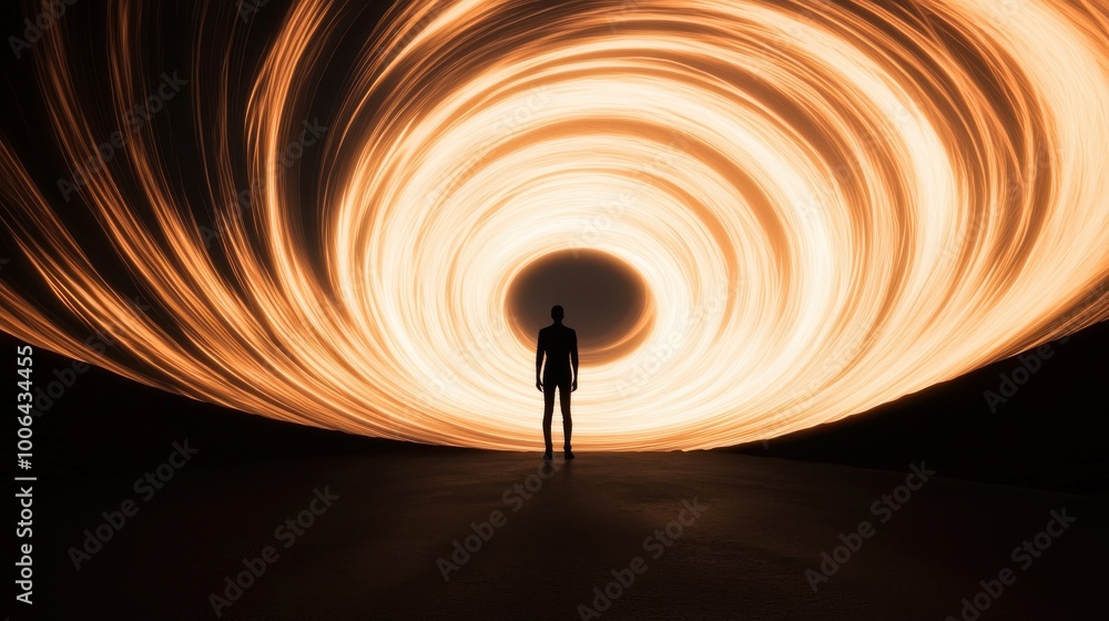 Poster a person standing inside a swirling vortex of light, with each layer of the vortex feeding back into
