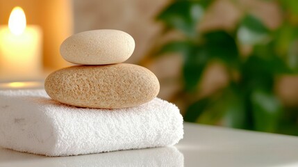 Two smooth stones stacked on a white towel, with a candle and plant in the background.