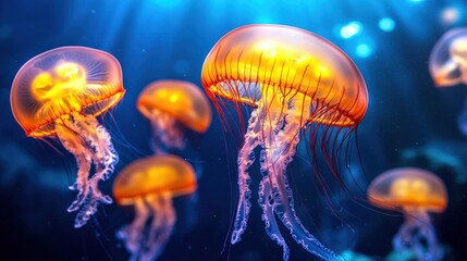 Naklejka premium A group of jellyfish are swimming in the ocean