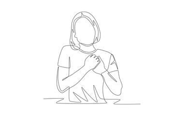 Woman who is calming herself holds her chest. Wellbeing concept one-line drawing