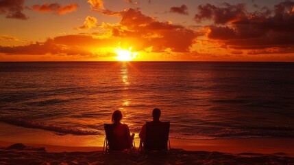 Obraz premium Sunset Serenity: Couple Relaxing on the Beach
