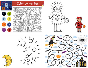 Collection with Halloween activity pages for kids. Funny games set in US Letter format. Color by number, dot to dot and maze templates bundle with spooky characters. Vector illustration