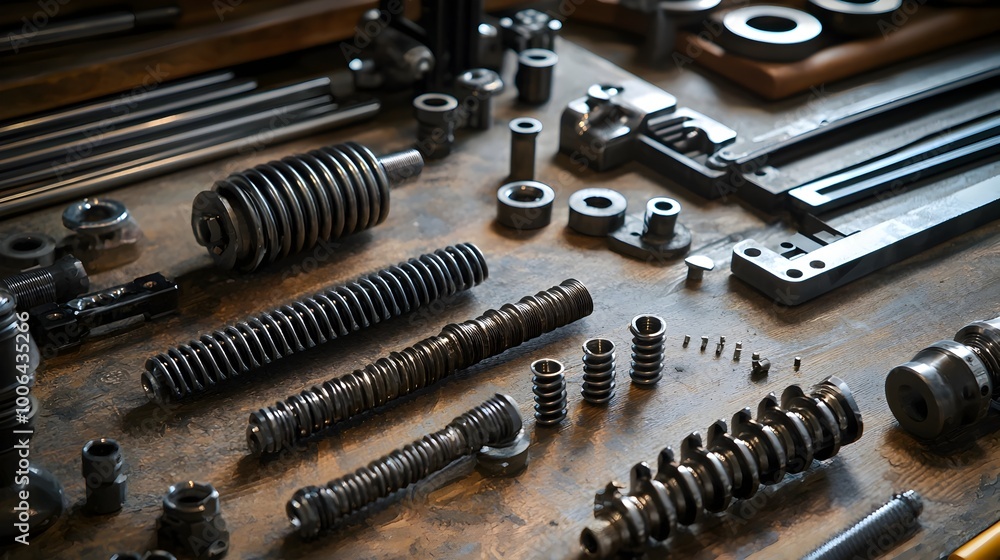 Poster mechanical assembly components laid out on a table,representing the inner workings