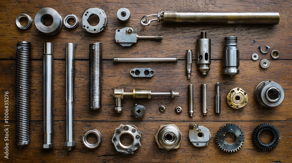 Poster mechanical components laid out on a workspace table for engineering assembly