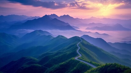 Fototapeta premium **Dawn's Embrace: Winding Roads Through Majestic Mountains**