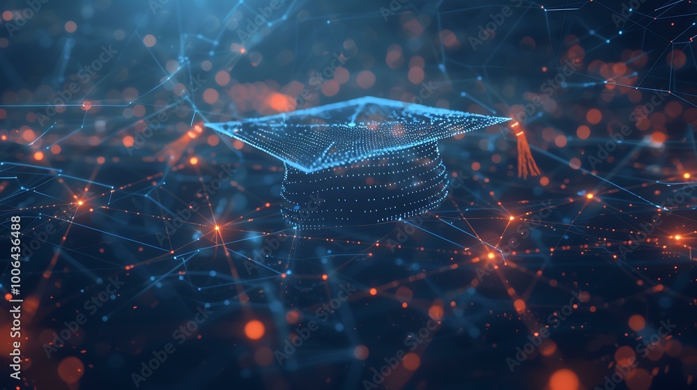 Poster a digital graduation cap made from glowing lines and dots floating above a technological network gri