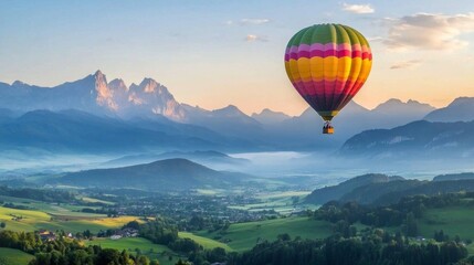 Fototapeta premium ## Hot Air Balloon Soaring Over Majestic Mountain Valley