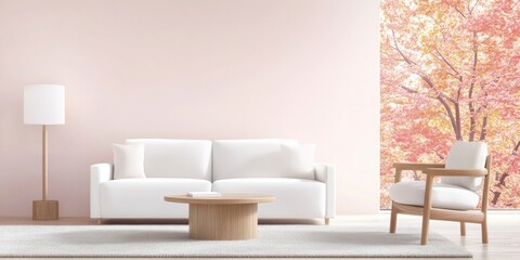 A minimalist living room with light pink walls, a white sofa and chairs , coffee table,  table lamp  and carpet on the floor