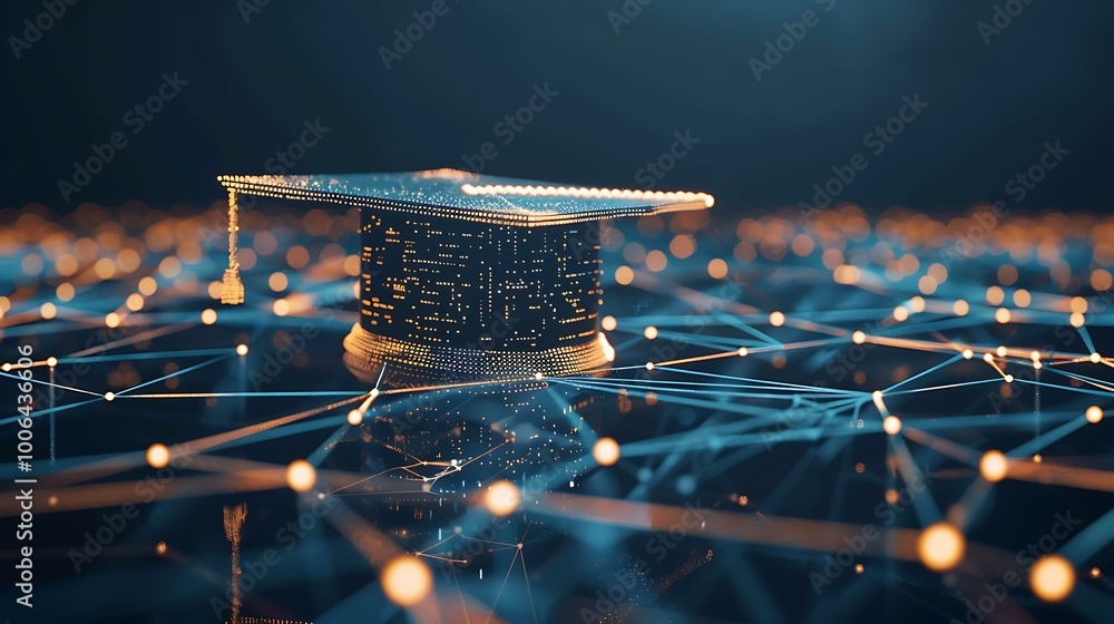 Poster a digital graduation cap made from glowing lines and dots floating above a technological network gri