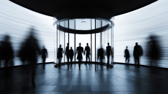 A revolving door with silhouettes of people constantly entering and exiting, employee turnover in a fast-paced corporate environment