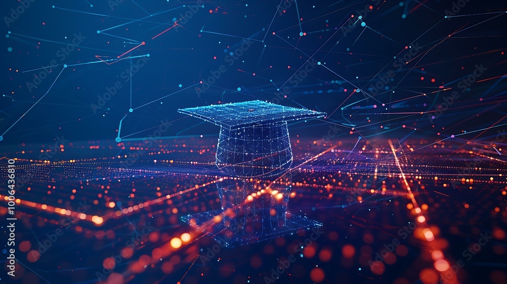 Poster abstract visual of an open graduation cap made from glowing lines and dots, elevated above a technol
