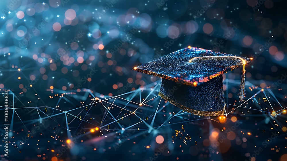 Poster abstract visual of an open graduation cap made from glowing lines and dots, elevated above a technol