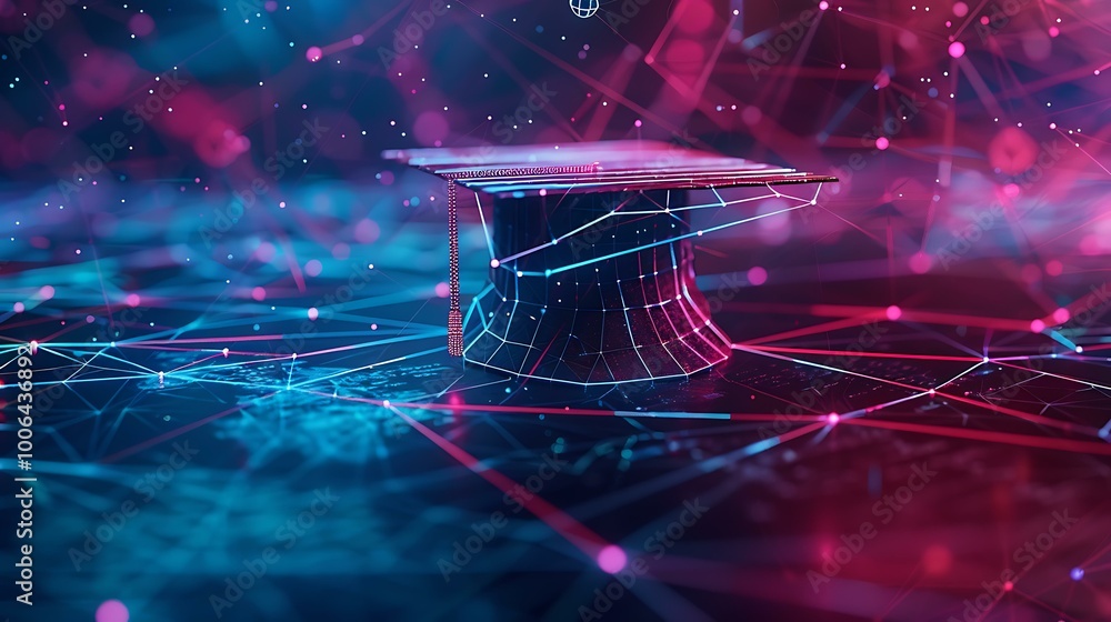 Poster abstract visual of an open graduation cap made from glowing lines and dots, elevated above a technol