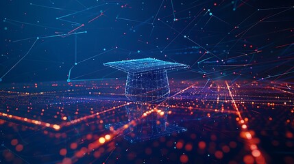 Abstract visual of an open graduation cap made from glowing lines and dots, elevated above a technological network grid on a dark blue backdrop, illustrating the potential of education to shape