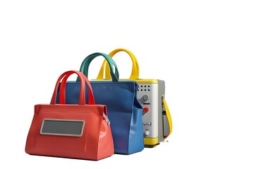 Press machine with colorful bag on white table, grey background