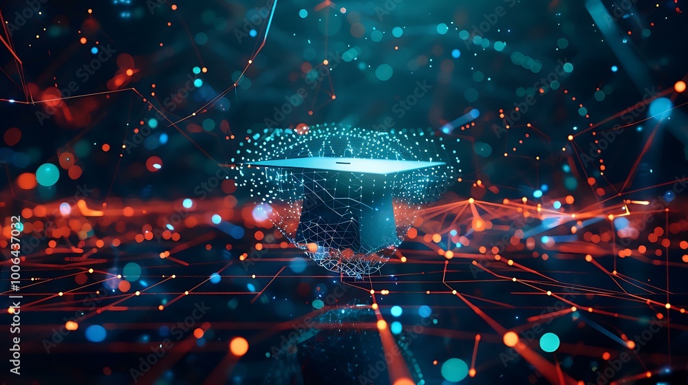 Poster digital artwork of a glowing graduation cap constructed from interconnected lines and dots, floating